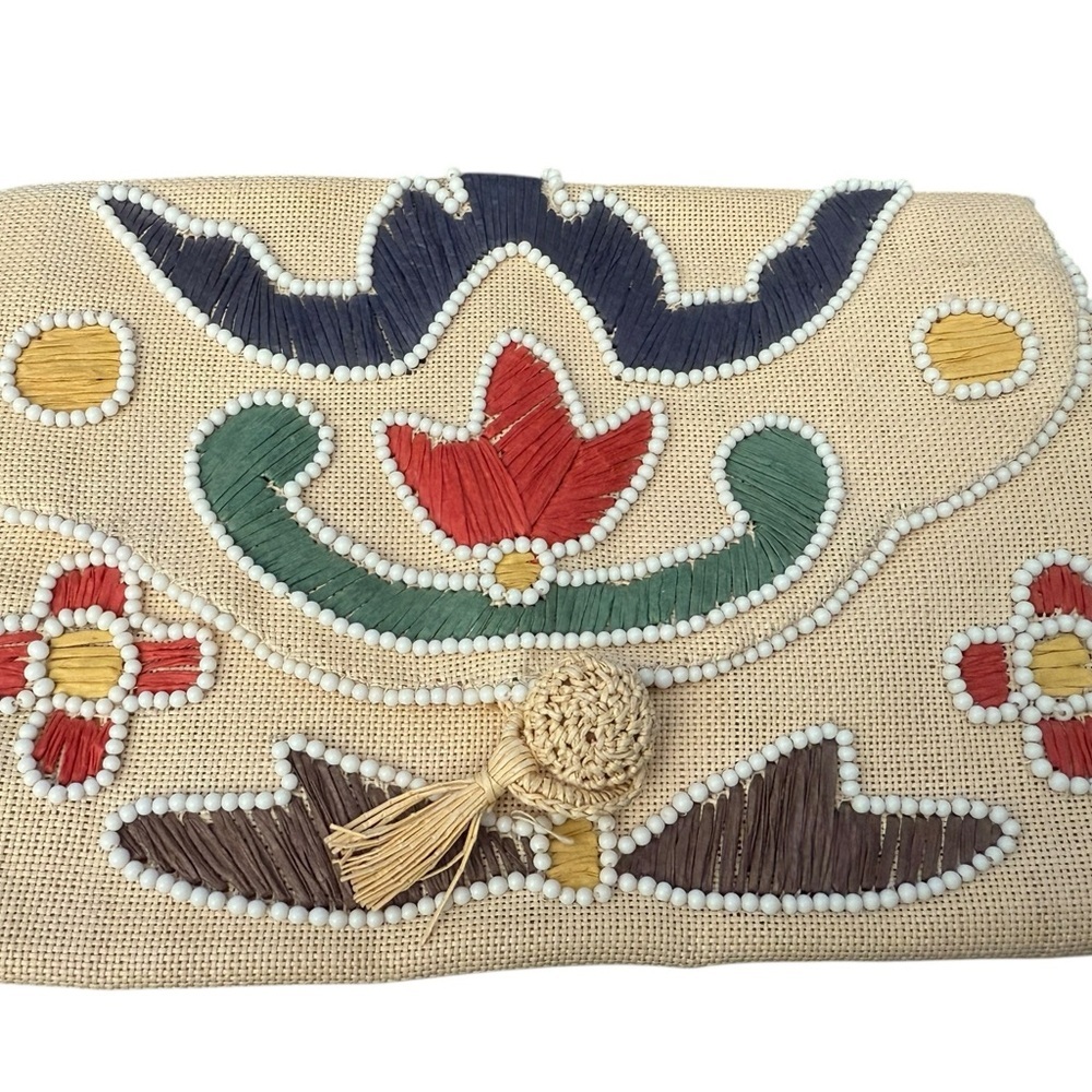 Embroidered Beige Clutch with Multicolor Accents